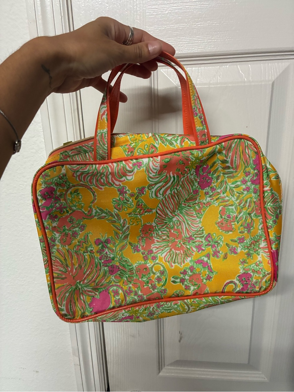 Lilly Pulitzer Yellow Floral Cosmetic Case with Pink & Green Accents